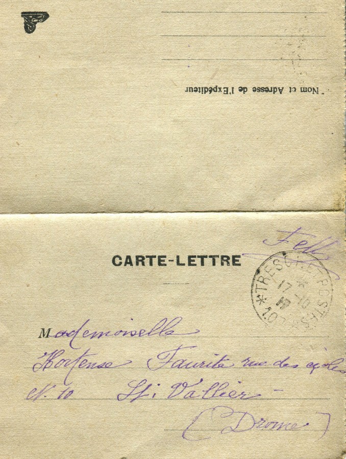 454 - 19 Octobre 1917 - Recto d'une carte-lettre d'Eugène Felenc adressée à sa fiancée Hortense Faurite.jpg