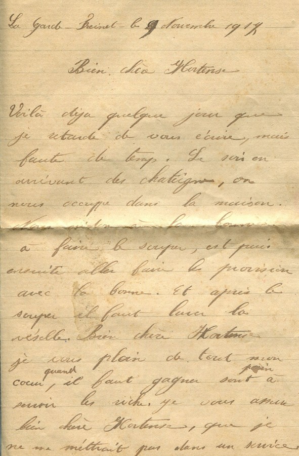 468 - 9 Novembre 1917 - Lettre de Marie-Louise Felenc adressée à Hortense Faurite - Page 1.jpg