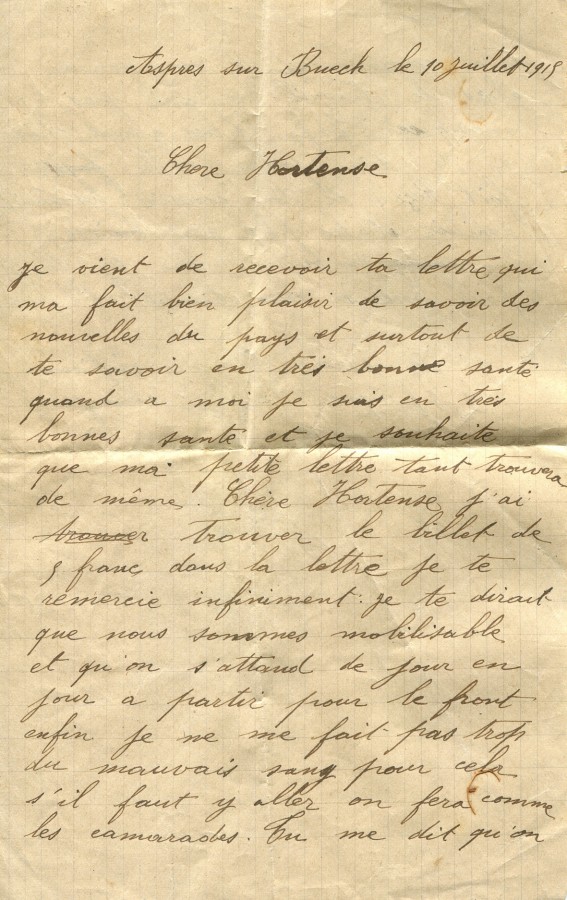7 - Lettre d'Emile Bonnet un ami adressée à Hortense Faurite datée du 10 juillet 1915 - Page 1.jpg
