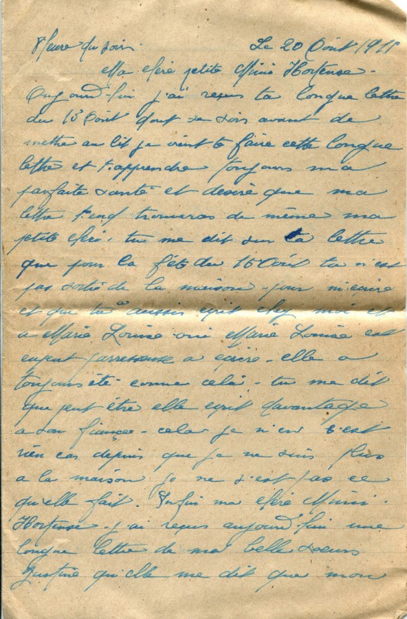 35 - Lettre d'Eugène Felenc adressée à sa fiancée Hortense Faurite datée du 20 août 1915 - Page 1.jpg
