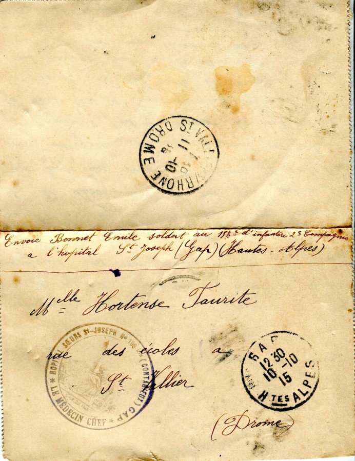 68 - Recto enveloppe d'Emile Bonnet un ami adressée à Hortense Faurite datée du 10 octobre 1915 (date tampon).jpg