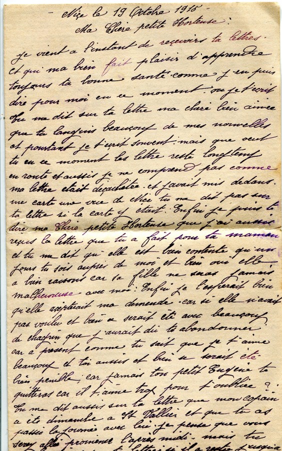72 - Lettre d'Eugène Felenc adressée à a fiancée Hortense Faurite datée du 19 octobre 1915 - Page 1.jpg