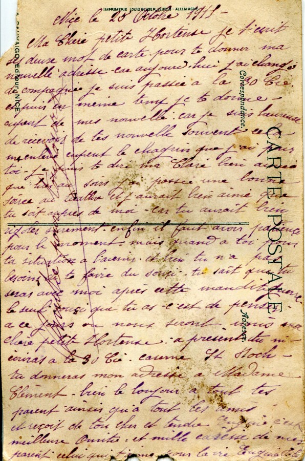 83 - Verso d'une carte postale d'Eugène Felenc à sa fiancée datée du 28 octobre 1915.jpg