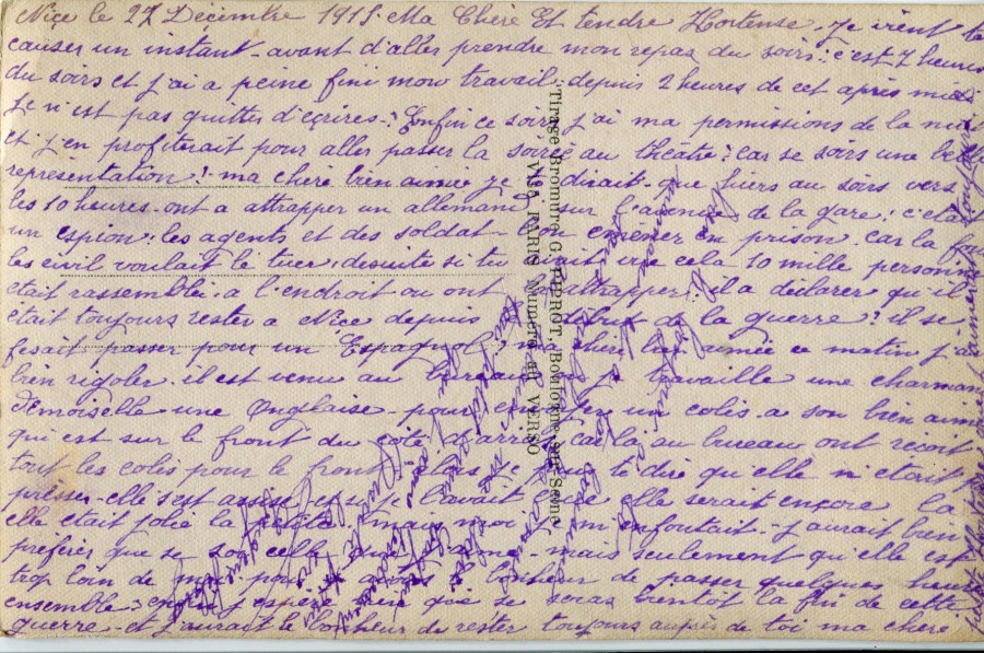 114 - Verso Carte postale d'Eugène Felenc adressee à sa fiancée  Hortense Faurite du 27 décembre 1915.jpg