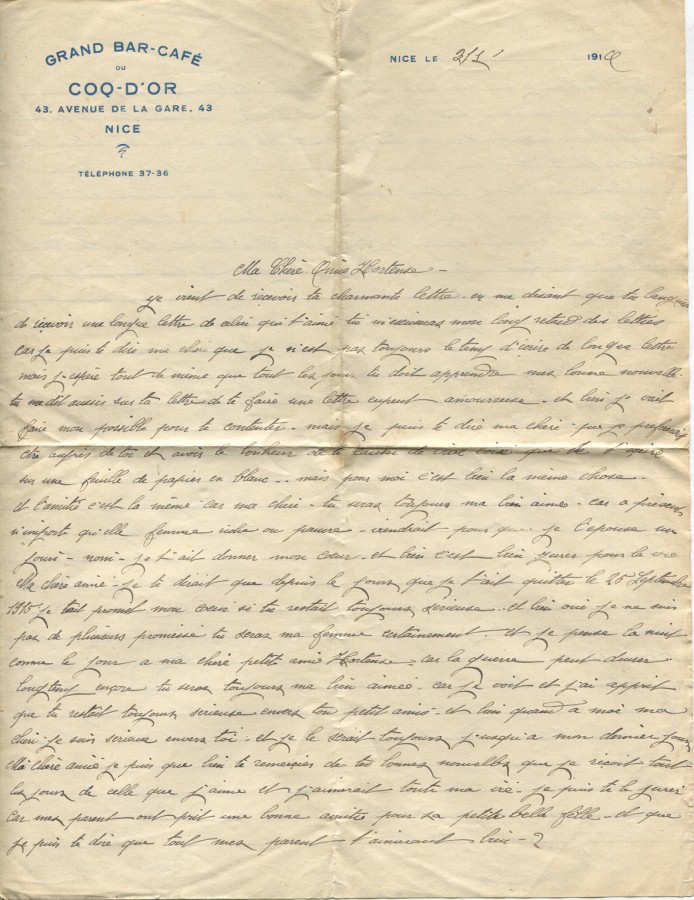 1 - Lettre d'Eugène Felenc à Hortense Faurite datée du 3 janvier 1916- Page 1.jpg