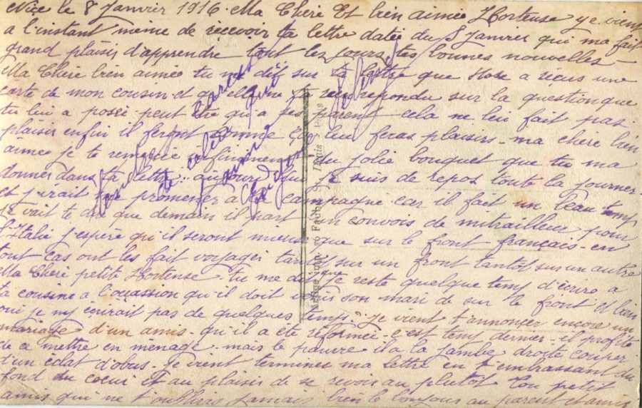 9 - Verso Carte postale d'Eugène Felenc à Hortense Faurite datée du 8 janvier 1916.jpg
