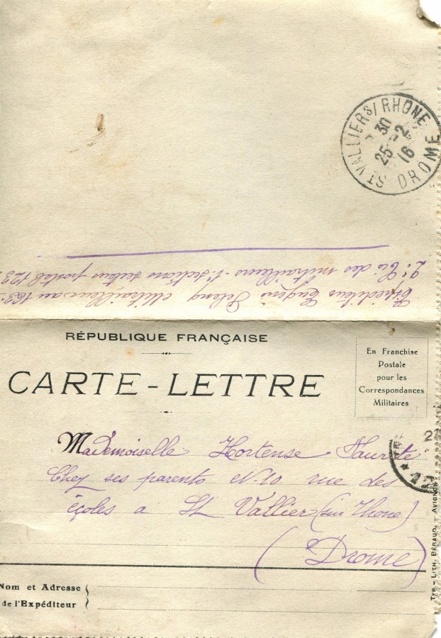 47 - Recto Carte Lettre Felenc à Hortense Faurite datée du 25 Février 1916 (date tampon).jpg