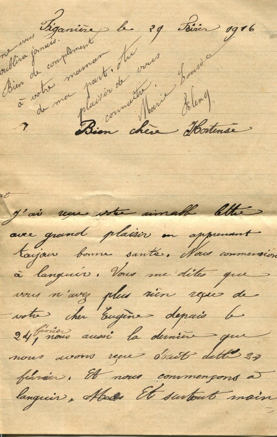 48 - Lettre de Marie Louise Felenc à Hortense Faurite datée du 29 février 1916- Page 1.jpg
