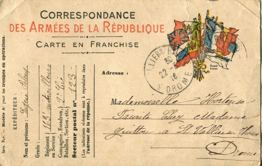 83 - Recto Carte Lettre d'Eugène Felenc à Hortense Faurite datée du 22 Mars 1916 (date du tampon).jpg