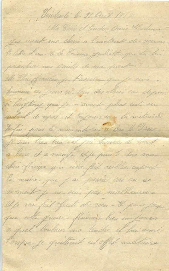 92 - Lettre d'Eugène Felenc adressée à sa fiancée Hortense Faurite datée du 21 avril 1916 - Page 1.jpg