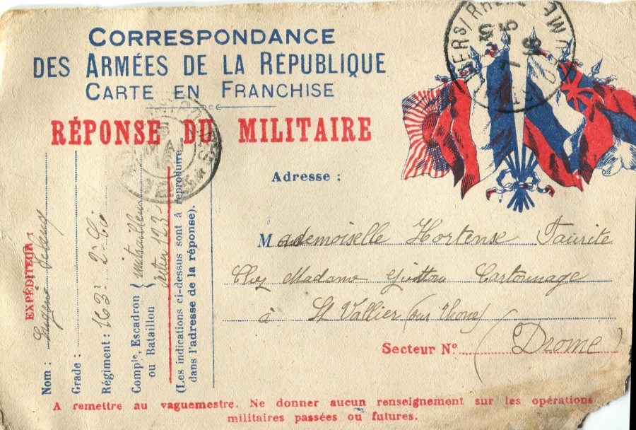 121 - Carte-Lettre d'Eugène Felenc adressée à sa fiancée Hortense Faurite datée du 7 Mai 1916 (date du tampon).jpg