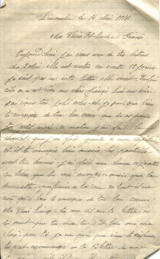 124 - Lettre d'Eugène Felenc  adressée à Hortense Faurite datée du 14 mai 1916- Page 1.jpg