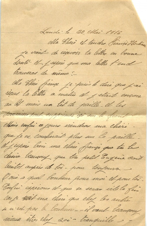 158 - Lettre de d'Eugène Felenc adressée à sa fiancée Hortense Faurite datée du 30 mai 1916 - Page 1.jpg