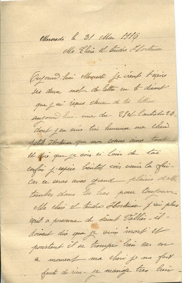 162 - Lettre de d'Eugène Felenc adressée à sa fiancée Hortense Faurite datée du 31 mami 1916 - Page 1.jpg