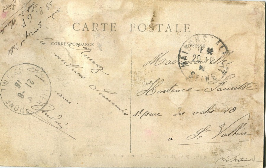180 - Verso Carte postale Paris Tuileries d'un ami adressée à Hortense Faurite datée du 12 Juin 1916 (date tampon).jpg