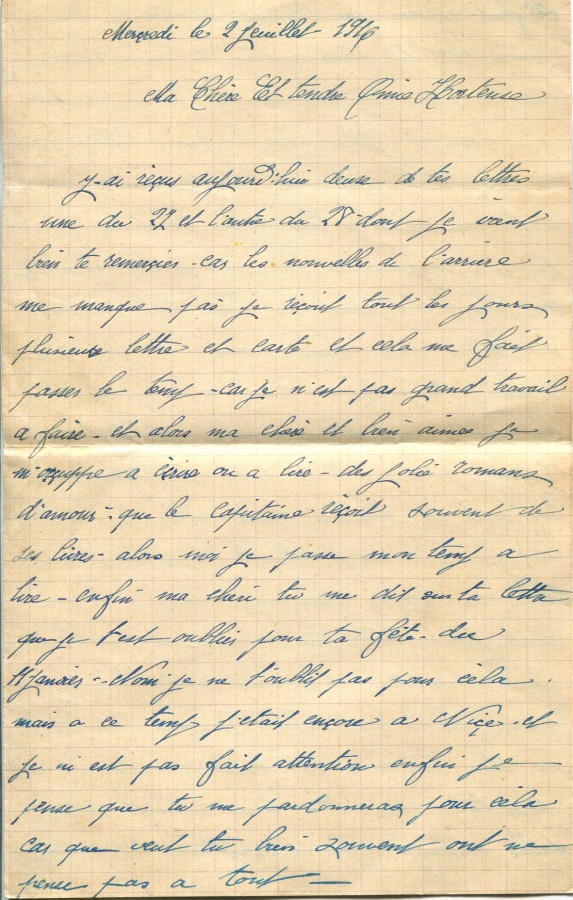 205 - Lettre d'Eugène Felenc à sa fiancée Hortense Faurite datée du 2 juillet 1916 - Page 1.jpg