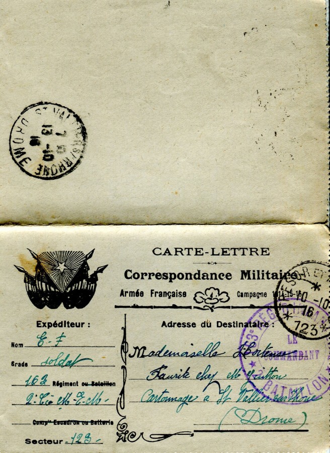 254 - Recto Carte Lettre d'Eugène Felenc à Hortense Faurite datée du 10 Octobre 1916 (date du tampon) -.jpg