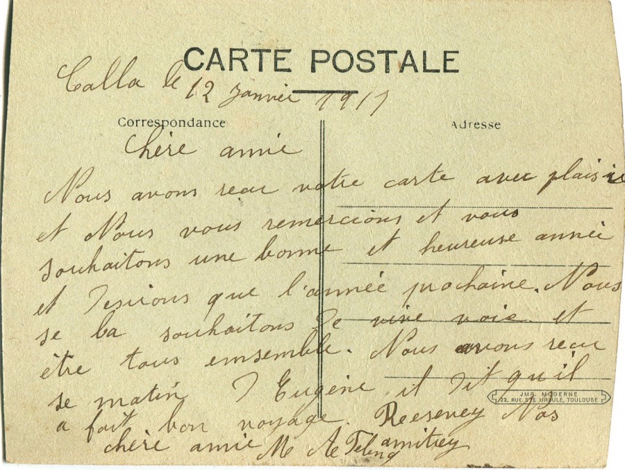 11 - Verso d'une carte postale  Callas de Mme Felenc adressÃ©e Ã  son amie Hortense Faurite datÃ©e du 12 Janvier 1917.jpg