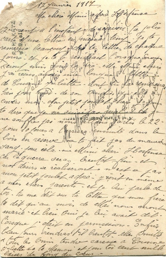 18 - Verso d'une carte postale de EugÃ¨ne Felenc adressÃ©e Ã  Hortense Faurite datÃ©e du 17 Janvier 1917.jpg