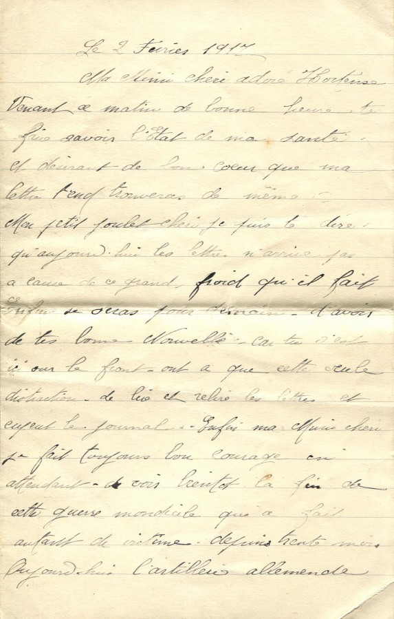 76 - 2 fÃ©vrier 1917-Lettre de EugÃ¨ne Felenc adressÃ©e Ã  Hortense Faurite-page 1.jpg