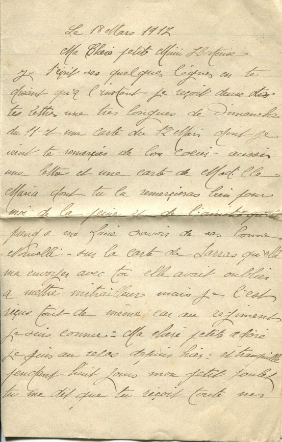 186 - 18 Mars 1917 - Lettre d'EugÃ¨ne Felenc adressÃ©e Ã  sa fiancÃ©e Hortense Faurite - Page 1.jpg