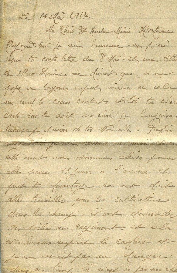 284 - 14 Mai 1917 - Lettre d'EugÃ¨ne Felenc adressÃ©e Ã  sa fiancÃ©e Hortense Faurite - Page 1.jpg