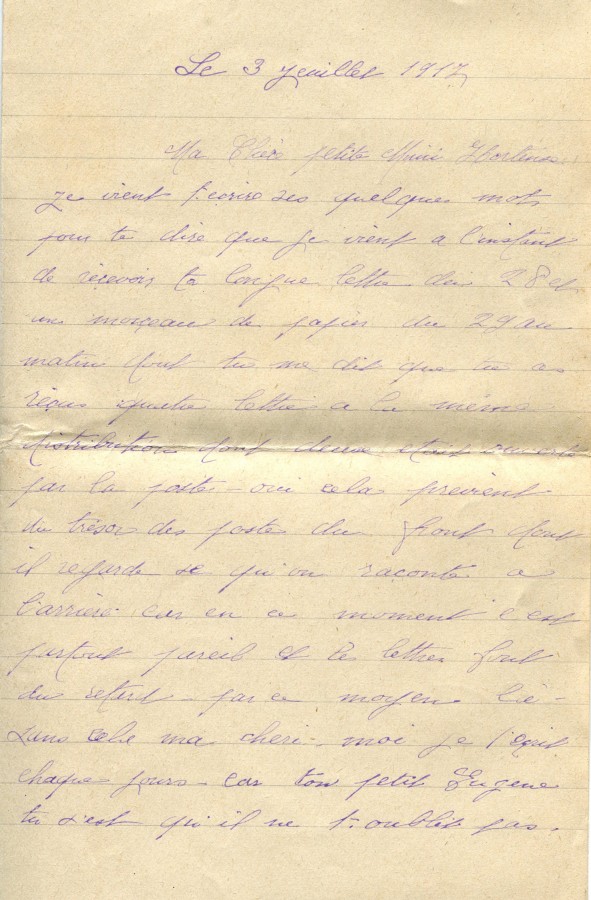 322 - Lettre d'EugÃ¨ne Felenc adressÃ©e Ã  sa fiancÃ©e Hortense Fautire datÃ©e du 3 Juillet 1917 - Page 1.jpg
