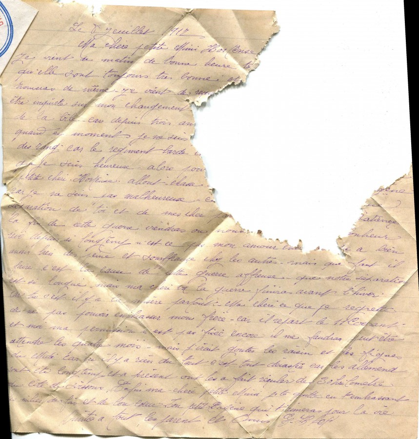 332 - Lettre d'EugÃ¨ne Felenc adressÃ©e Ã  sa fiancÃ©e Hortense Fautire datÃ©e du 8 Juillet 1917.jpg