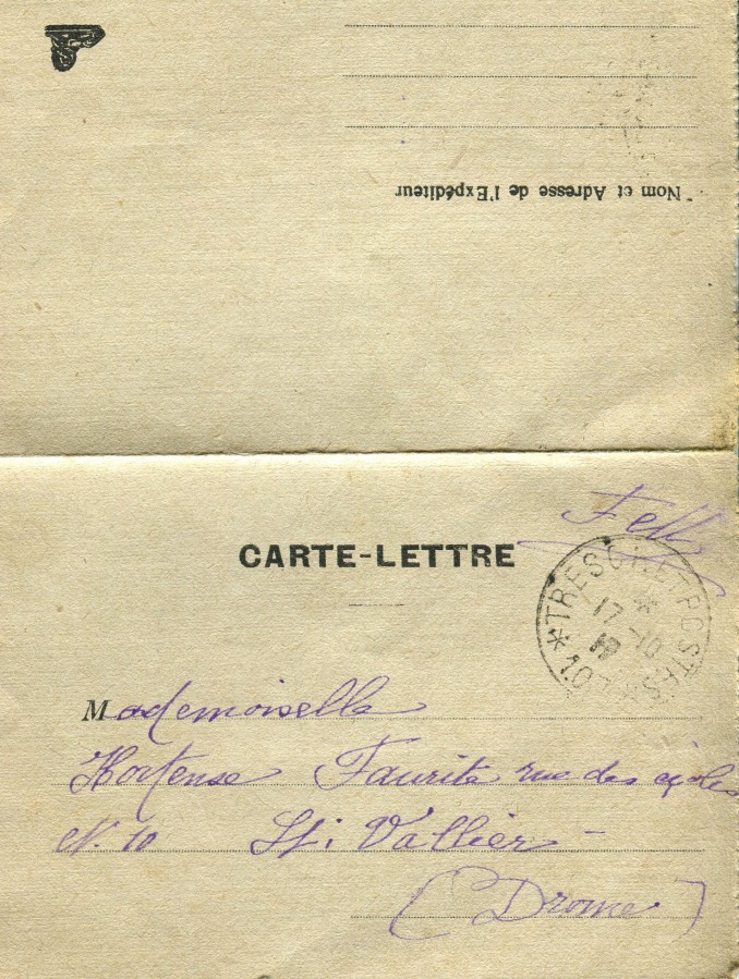 454 - 19 Octobre 1917 - Recto d'une carte-lettre d'EugÃ¨ne Felenc adressÃ©e Ã  sa fiancÃ©e Hortense Faurite.jpg