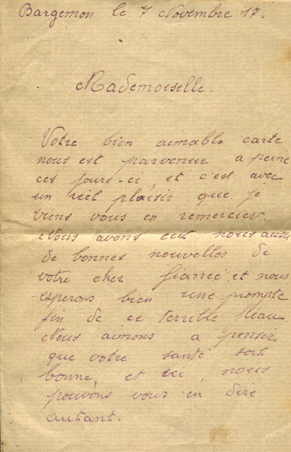 466 - 7 Novembre 1917 - Lettre d'un ami adressÃ©e Ã  Hortense Faurite - Page 1.jpg
