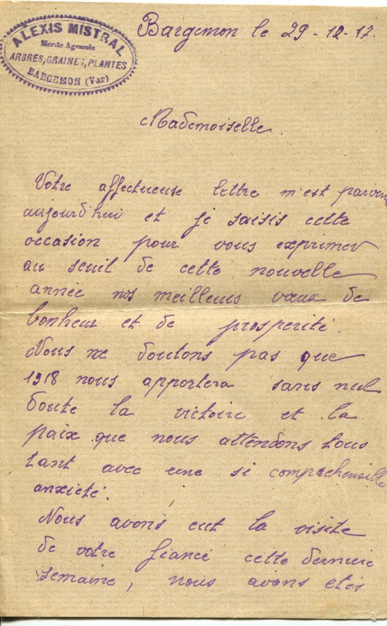 502 - 29 dÃ©cembre 1917 -Lettre de Alexis Mistral de Bargemon adressÃ©e Ã  Hortense Faurite-Page 1.jpg