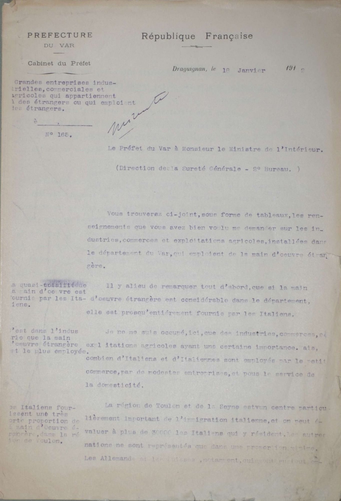 Minute d'un rapport préfectoral au ministère de l'intérieur relatif aux grandes entreprises industrielles, commerciales et agricoles appartenant à des étrangers ou employant des étrangers. (1912) 16 M 9 / 1