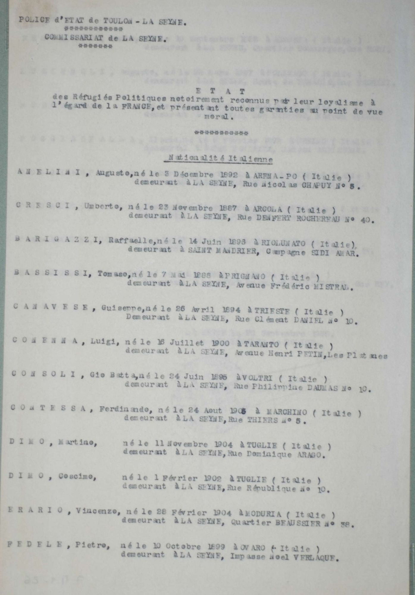 Etat nominatif des réfugiés politiques notoirement reconnus pour leur loyalisme à l'égard de la France (1938) 7 M 1 / 26