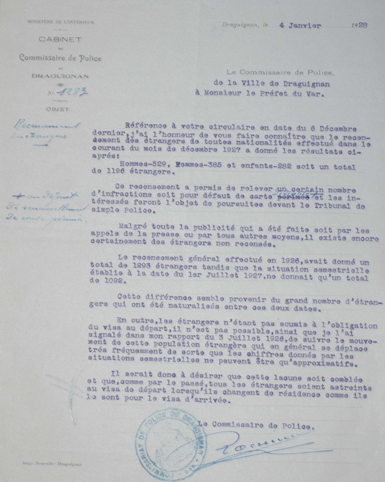 Lettre du commissaire de police de Draguignan relative au recensement des étrangers en résidence à Draguignan en décembre 1927 (1928) 7 M 1-16