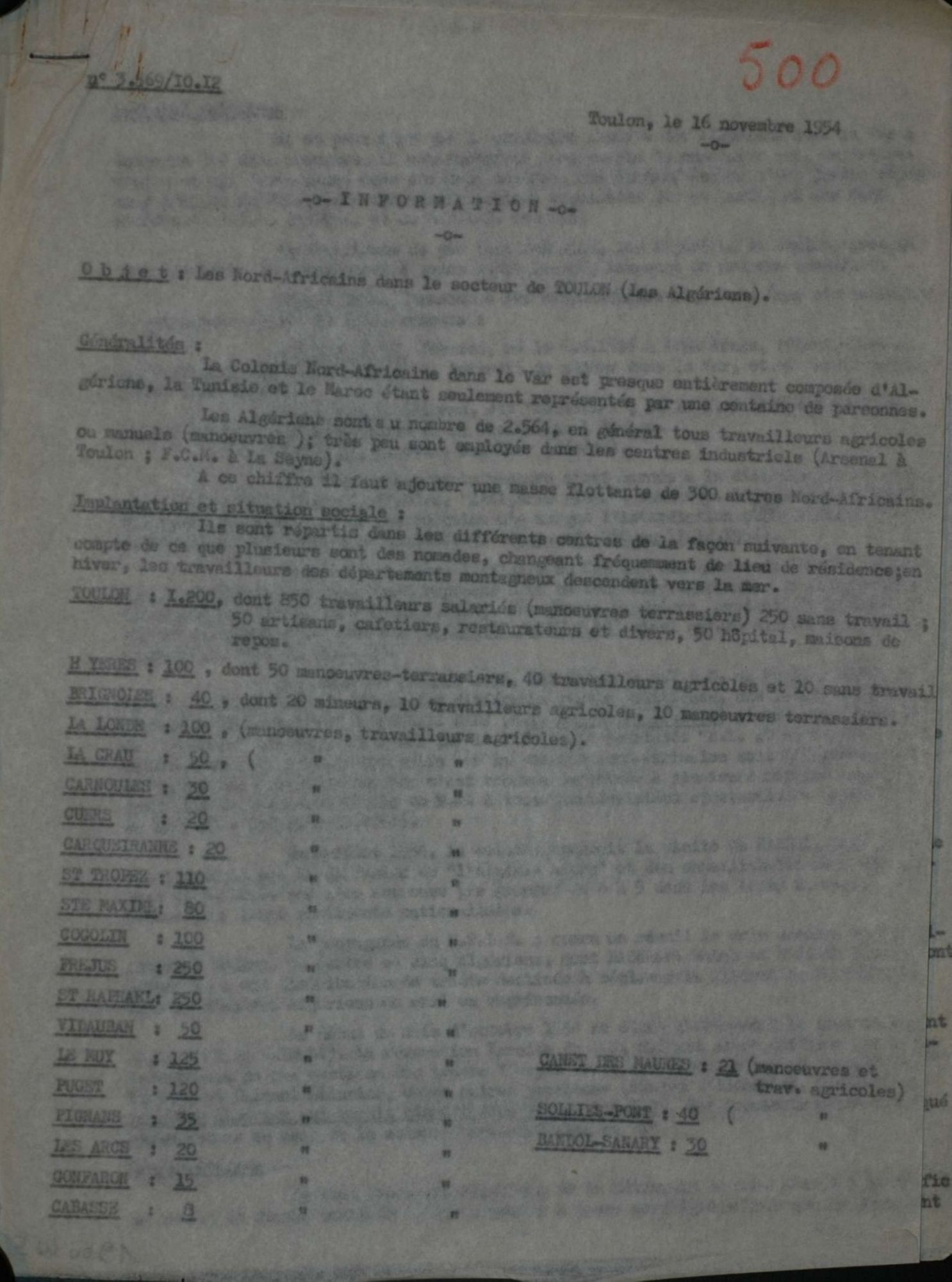 Rapport du service des renseignements généraux sur les Nord-Africains (Algériens) dans le secteur de Toulon (1954). 1900 W 5