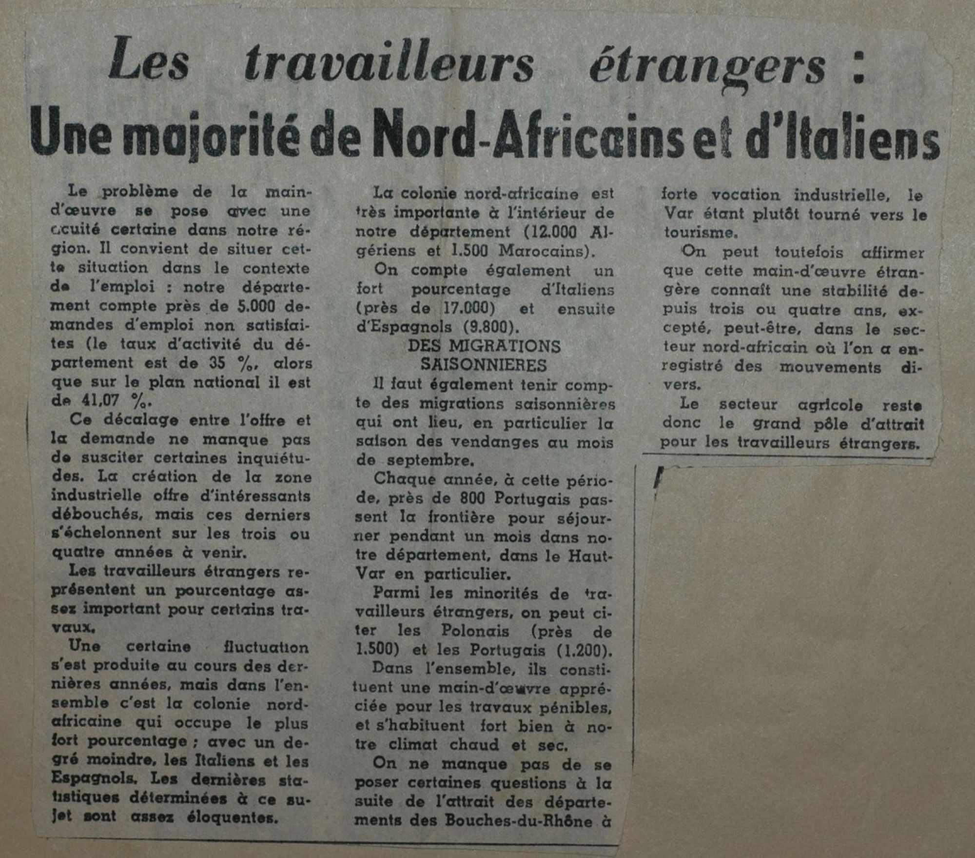 Article relatif aux travailleurs étrangers, nord-africains et italiens (Le méridional, 17 mars 1971) 1905 W 116