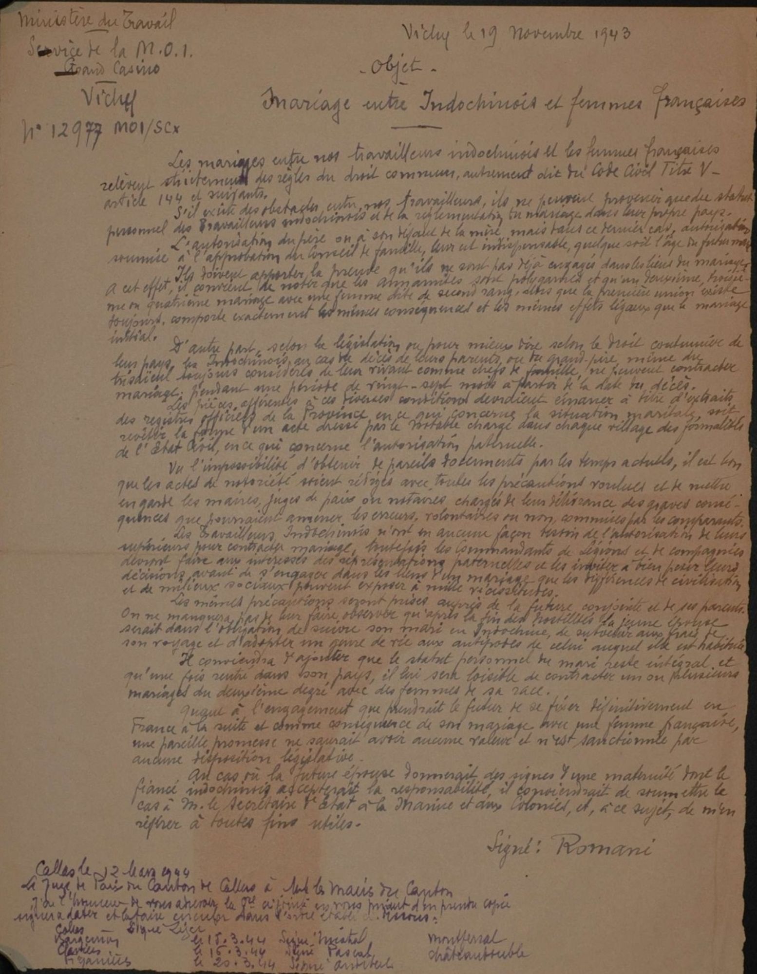 Copie d'une circulaire du ministère du travail relative au mariage entre indochinois et femmes françaises (1943) Archives communales de Figanières E DEPOT 59 / 400