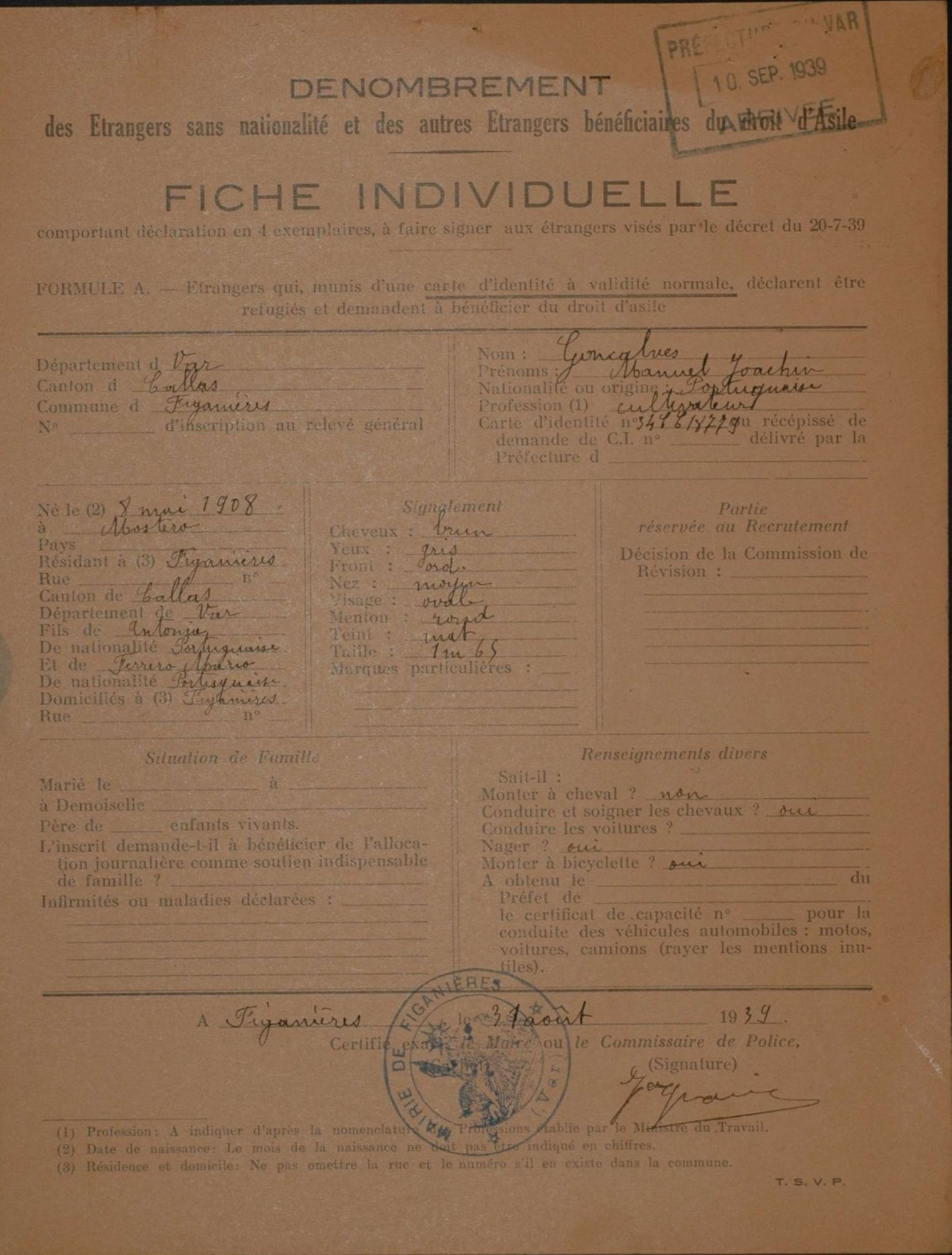 Fiche individuelle de dénombrement des étrangers sans nationalité et des autres étrangers bénéficiaires du droit d'asile: Goncalves Manuel Joachim (1939) Archives communales de Figanières, E DEPOT 59 / 312