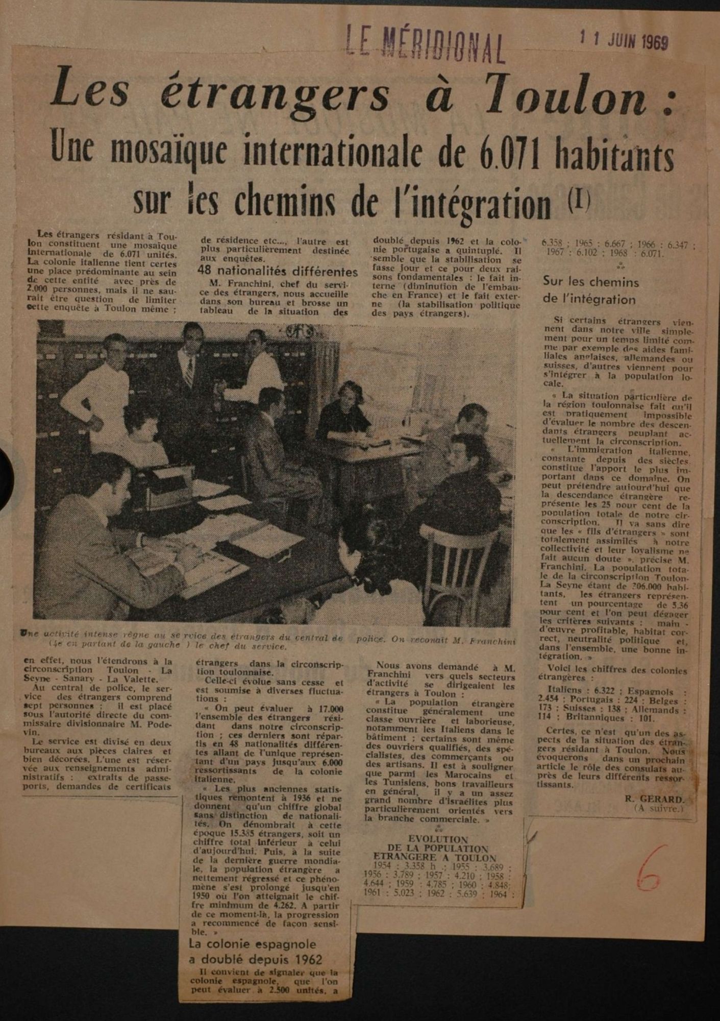 Article relatif aux étrangers à Toulon (Le Méridional, 11 juin 1969) 1905 W 116