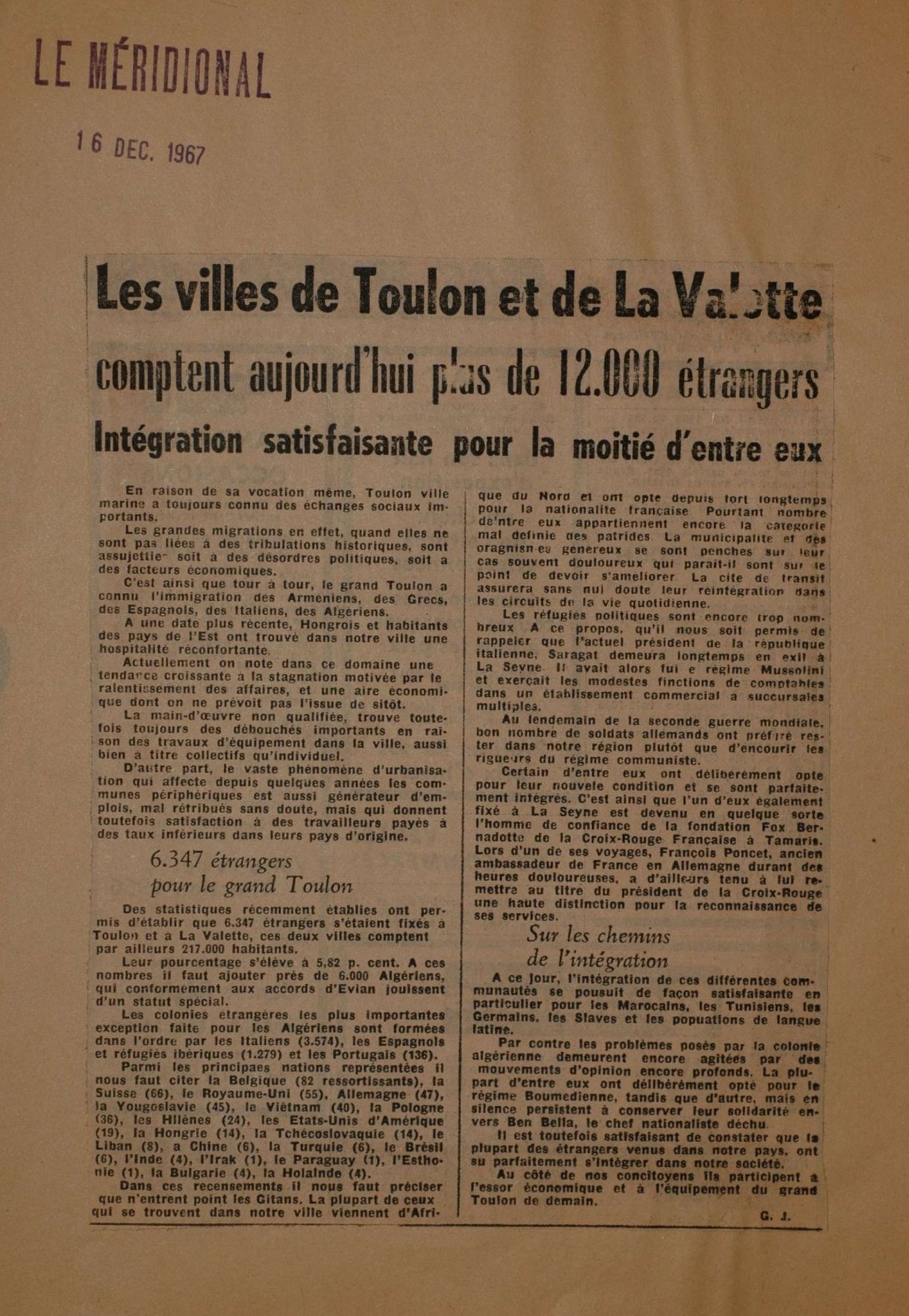 Article relatif aux étrangers à Toulon et à La Valette (Le Méridional, 16 décembre 1967) 1905 W 116