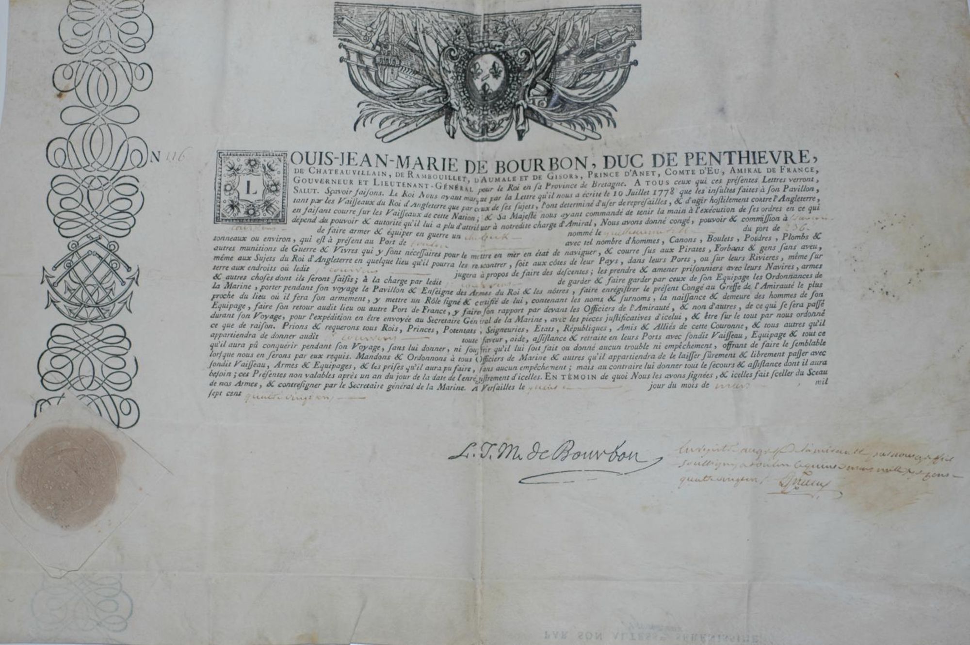 Lettre de course autorisant François Courvens et son bateau " le Guillaume Tell " à traquer les bateaux ennemis (1781)