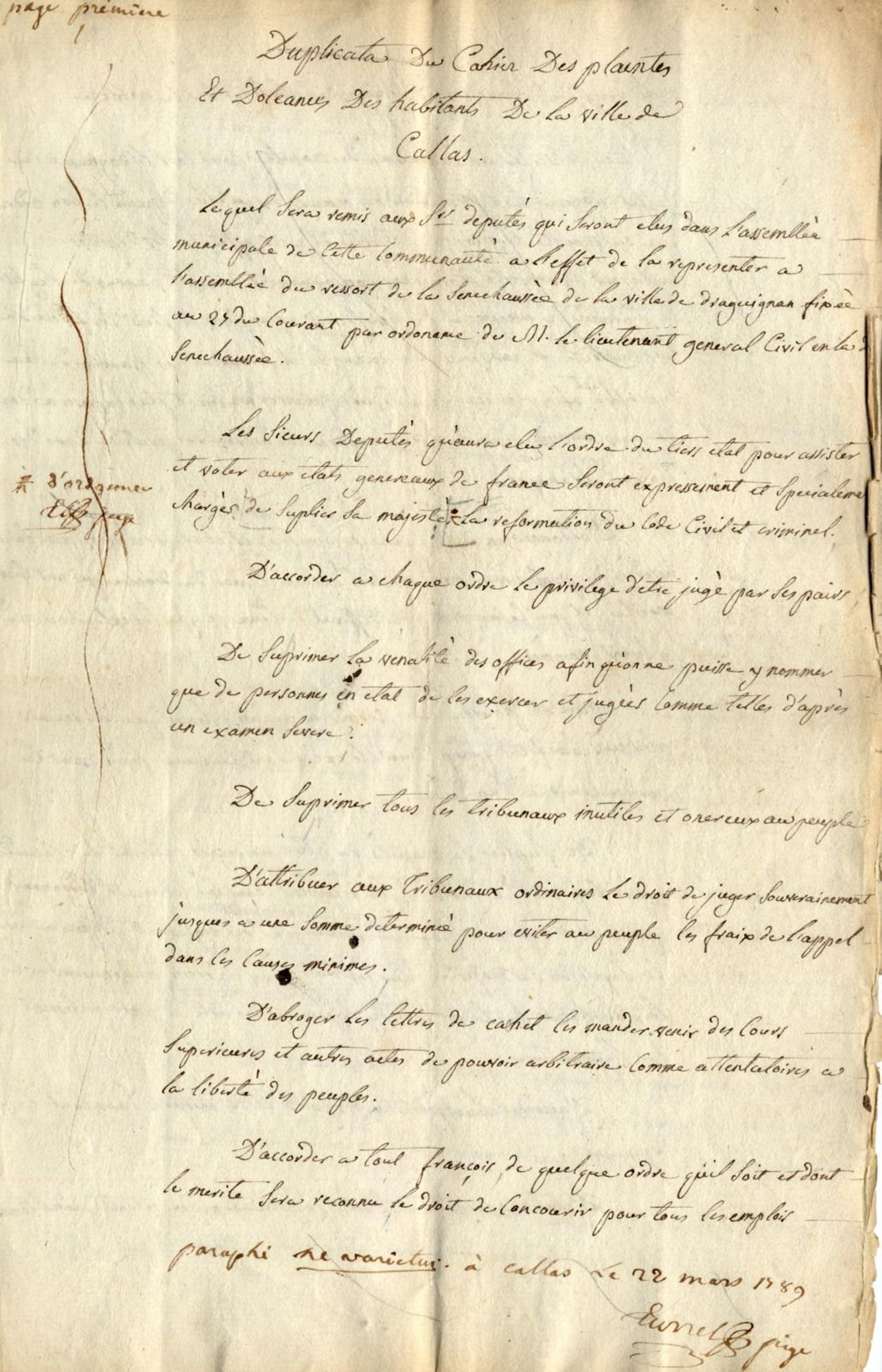 Cahier de doléances de la communauté de Callas