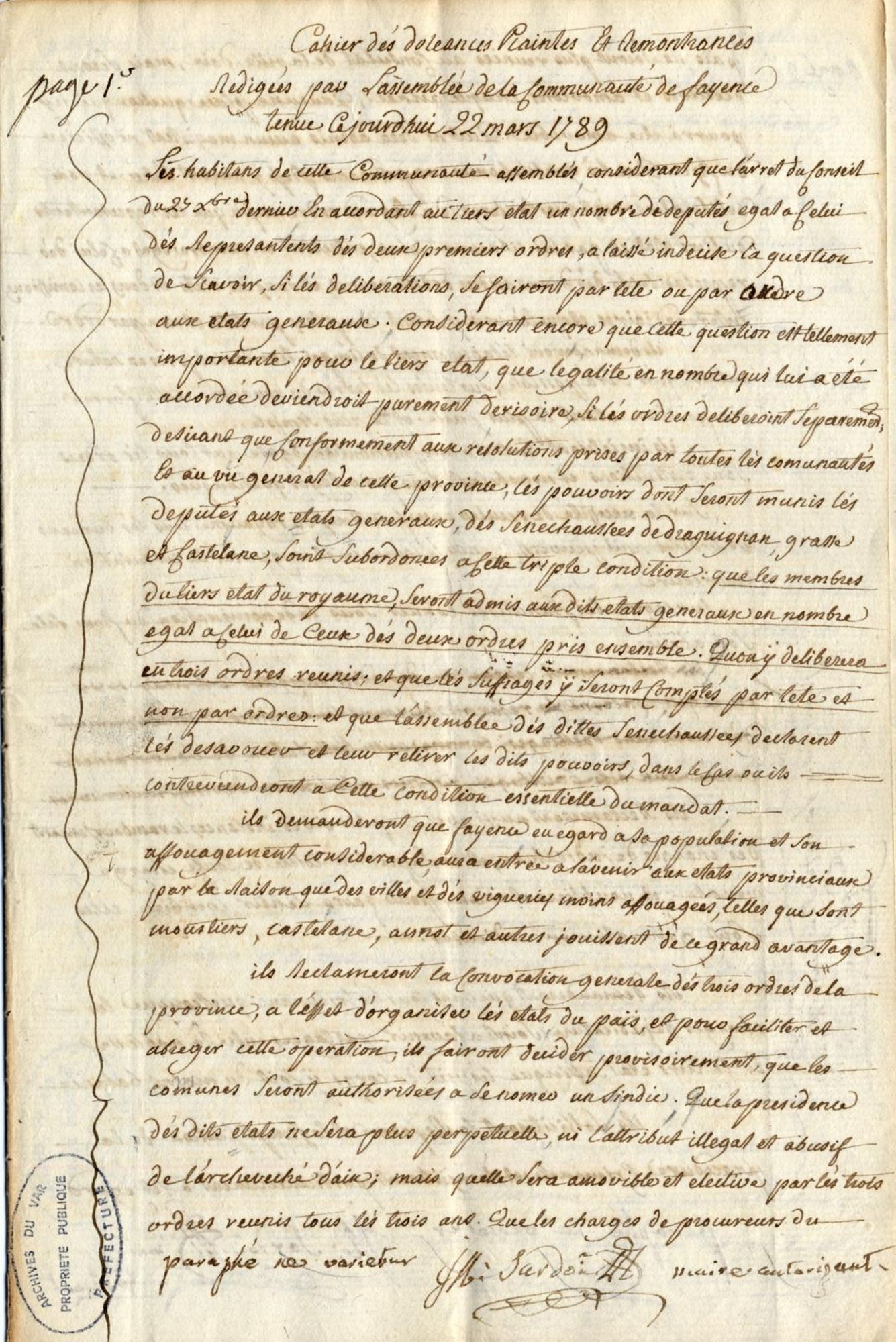 Cahier de doléances de la communauté de Fayence