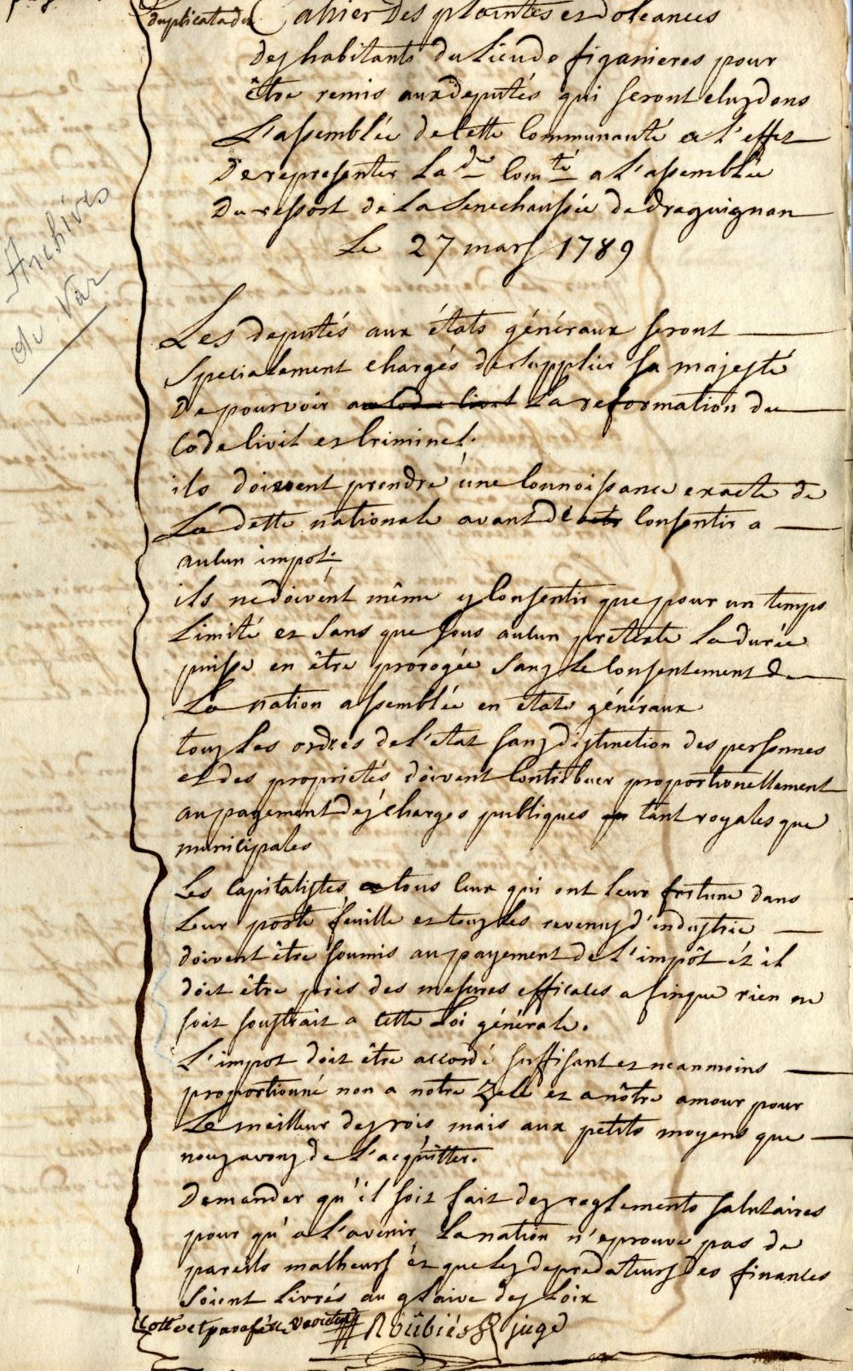 Cahier de doléances de la communauté de Figanières