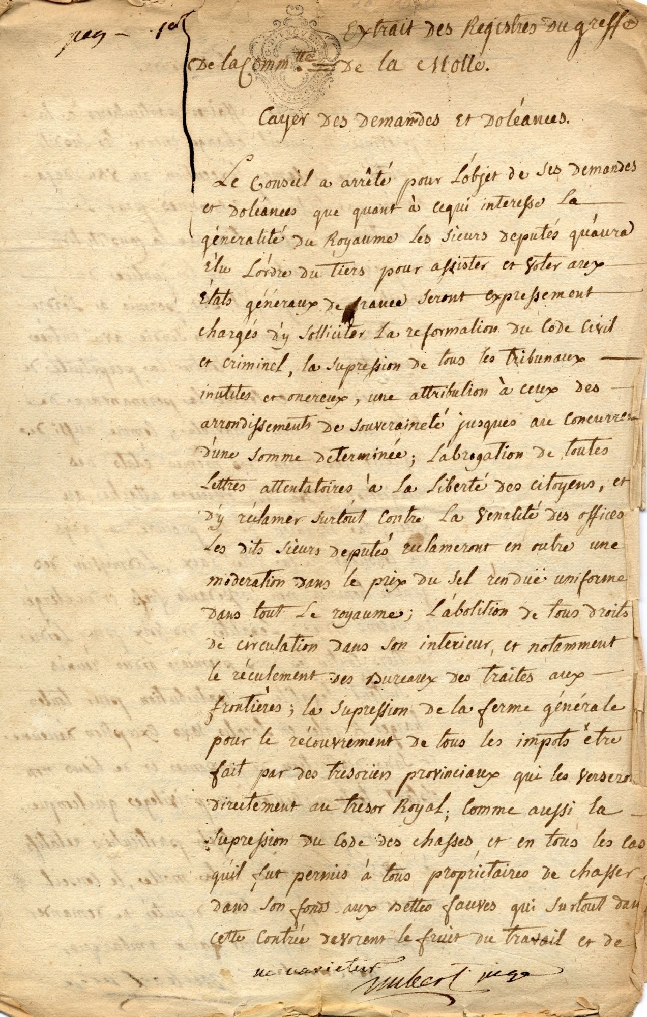 Cahier de doléances de la communauté d'habitants de La Môle