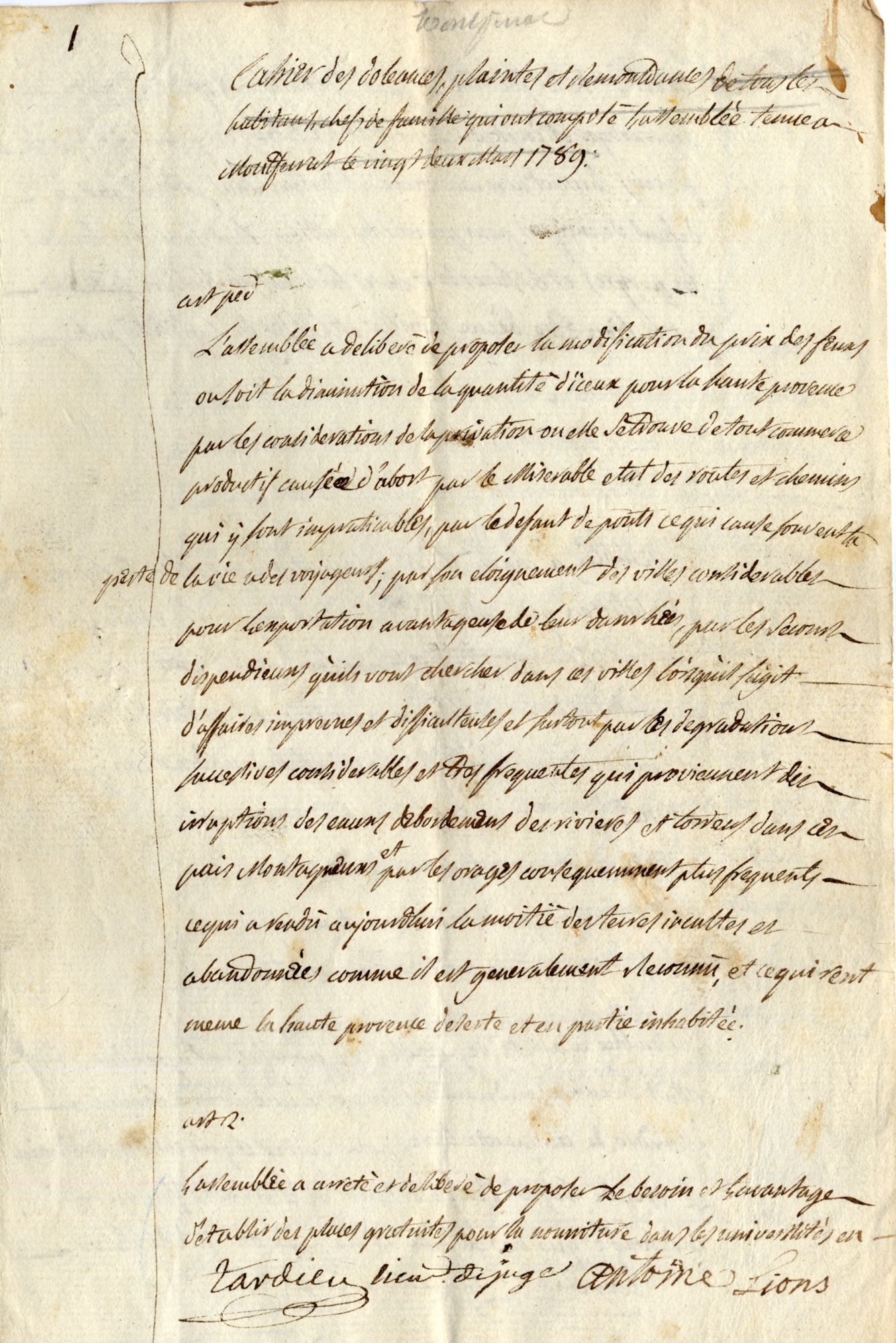 Cahier de doléances de la communauté d'habitants de Montferrat