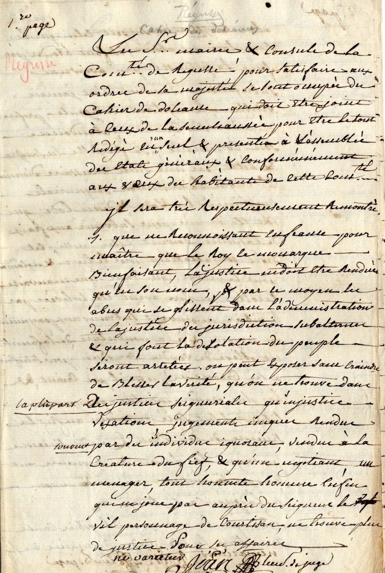 Cahier de doléances de la communauté d'habitants de Régusse