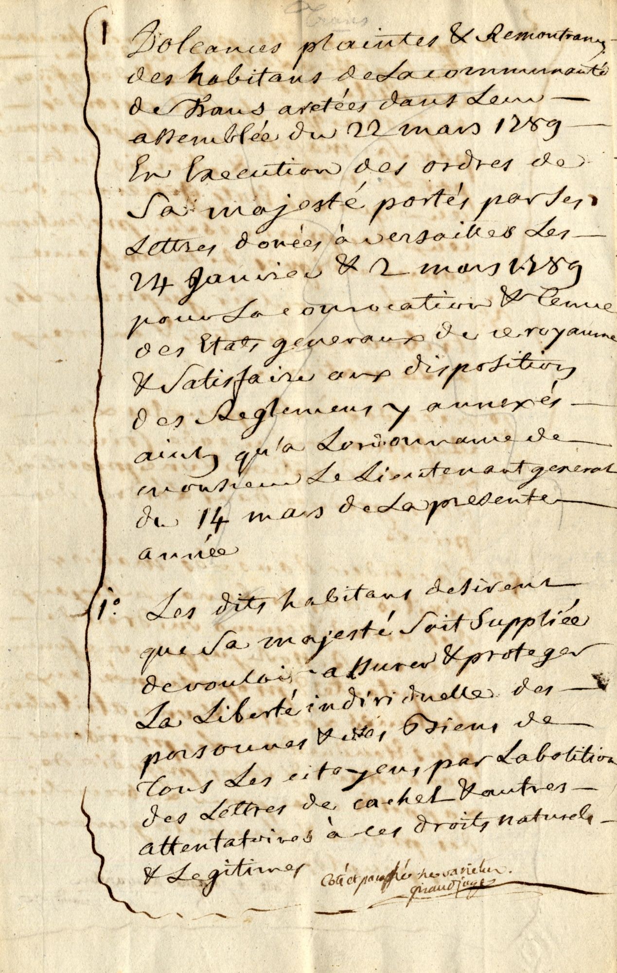 Cahier de doléances de la communauté d'habitants de Trans