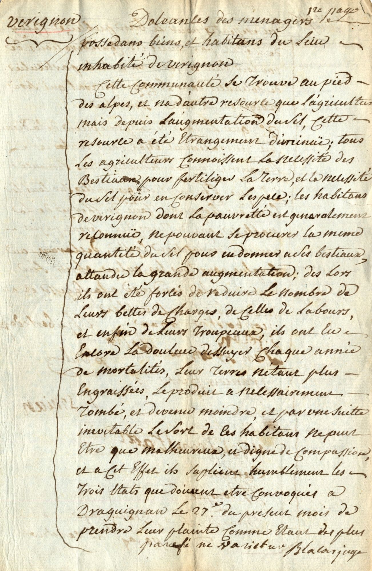 Cahier de doléances de la communauté d'habitants de Vérignon