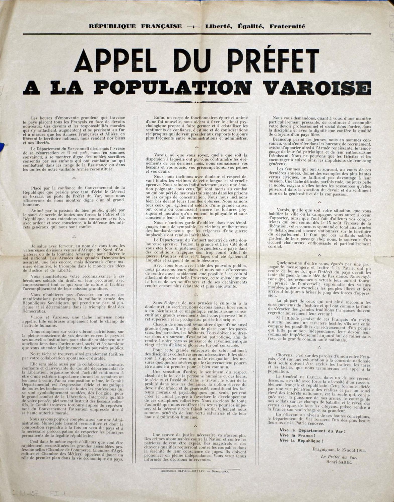Appel du préfet à la population varoise (25 août 1944)